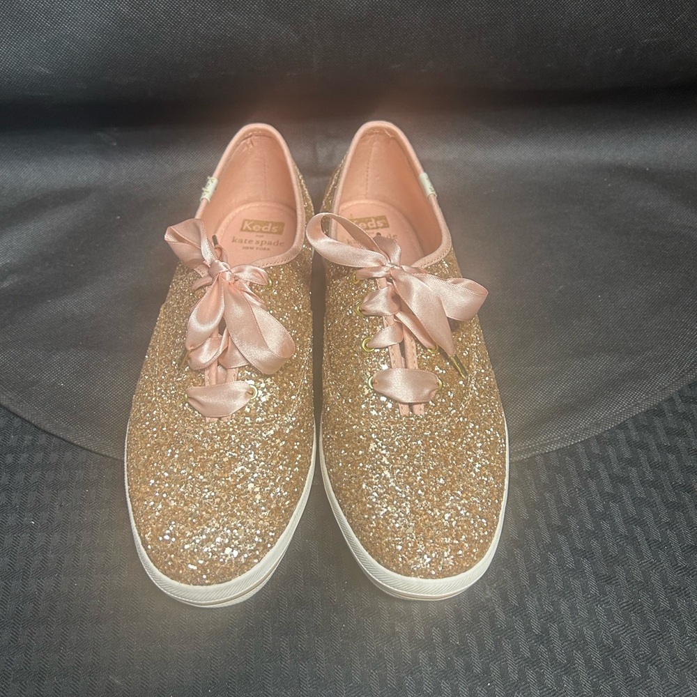 Keds Kate Spade Gold Glitter Sneakers with Pink Satin Laces